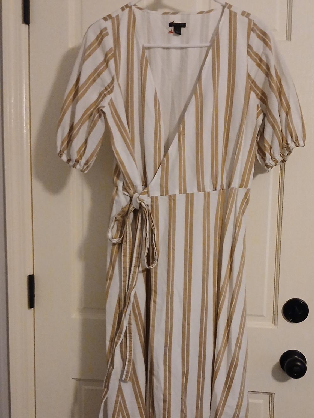 Ann Taylor White and Tan Striped Wrap Midi Dress with Tie Waist